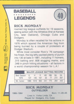 1990 Pacific Legends #40 Rick Monday Back