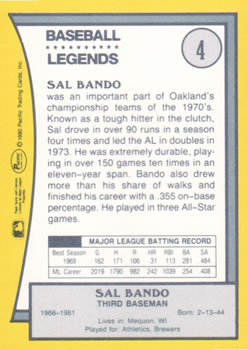1990 Pacific Legends #4 Sal Bando Back