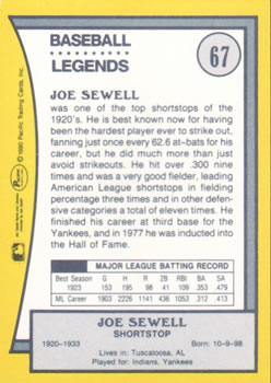 1990 Pacific Legends #67 Joe Sewell Back