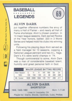 1990 Pacific Legends #69 Alvin Dark Back