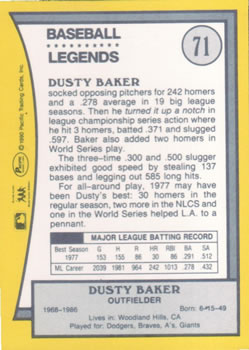 1990 Pacific Legends #71 Dusty Baker Back