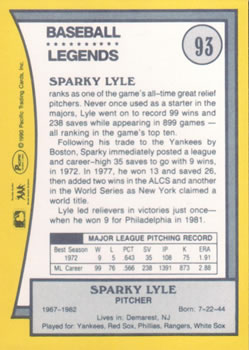 1990 Pacific Legends #93 Sparky Lyle Back