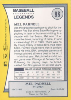 1990 Pacific Legends #98 Mel Parnell Back