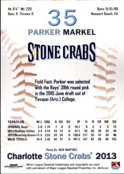 2013 Grandstand Charlotte Stone Crabs #19 Parker Markel Back