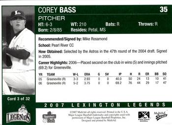 2007 MultiAd Lexington Legends #3 Corey Bass Back