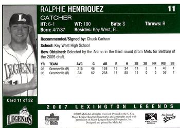 2007 MultiAd Lexington Legends #11 Ralphie Henriquez Back