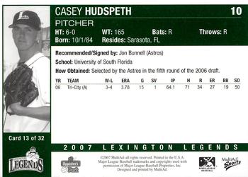 2007 MultiAd Lexington Legends #13 Casey Hudspeth Back
