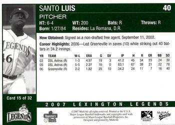 2007 MultiAd Lexington Legends #15 Santo Luis Back