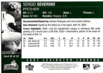 2007 MultiAd Lexington Legends #22 Sergio Severino Back