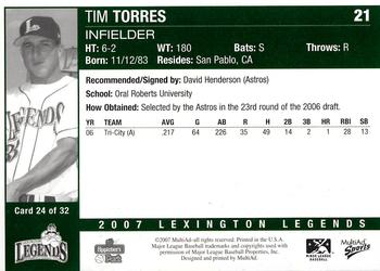 2007 MultiAd Lexington Legends #24 Tim Torres Back