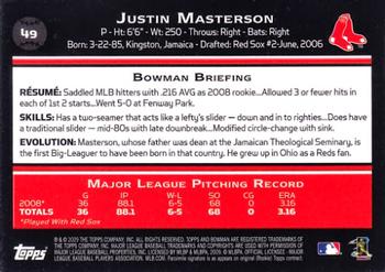 2009 Bowman #49 Justin Masterson Back