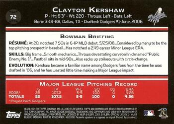2009 Bowman #72 Clayton Kershaw Back