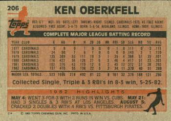 1983 Topps #206 Ken Oberkfell Back