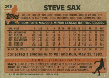1983 Topps #245 Steve Sax Back