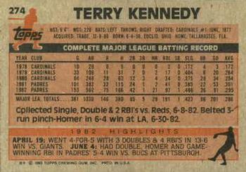 1983 Topps #274 Terry Kennedy Back