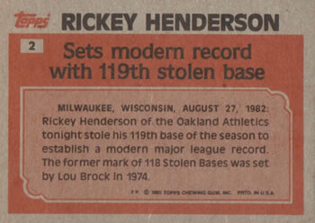1983 Topps #2 Rickey Henderson Back