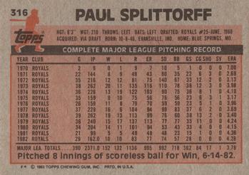 1983 Topps #316 Paul Splittorff Back
