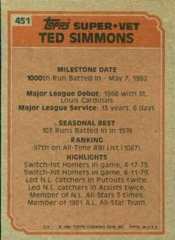 1983 Topps #451 Ted Simmons Back