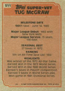 1983 Topps #511 Tug McGraw Back