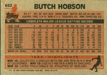 1983 Topps #652 Butch Hobson Back