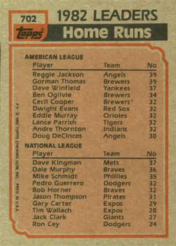 1983 Topps #702 1982 Home Run Leaders (Reggie Jackson / Gorman Thomas / Dave Kingman) Back