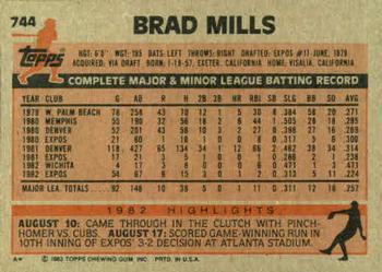 1983 Topps #744 Brad Mills Back
