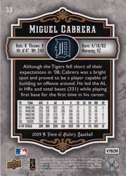 2009 Upper Deck A Piece of History #33 Miguel Cabrera Back
