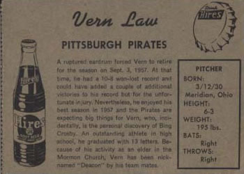 1958 Hires Root Beer Test #NNO Vern Law    Back