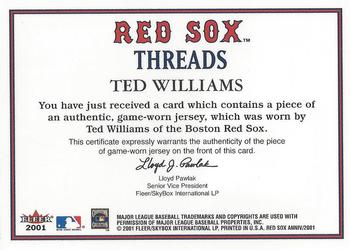 2001 Fleer Boston Red Sox 100th Anniversary - Red Sox Threads #NNO Ted Williams Back