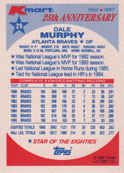 1987 Topps Kmart 25th Anniversary #29 Dale Murphy Back