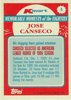 1988 Topps Kmart Memorable Moments #4 Jose Canseco Back