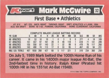 1990 Topps Kmart Super Stars #32 Mark McGwire Back