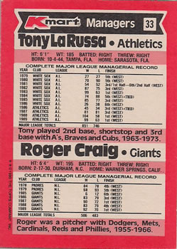 1990 Topps Kmart Super Stars #33 Tony LaRussa / Roger Craig Back