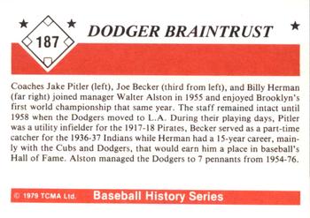1979 TCMA The 1950’s #187 Dodger Braintrust (Walter Alston / Jake Pitler / Joe Becker / Billy Herman) Back
