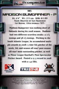 2008 TriStar Prospects Plus #116 Madison Bumgarner Back