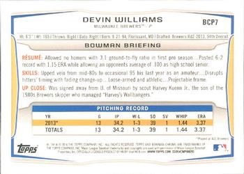 2014 Bowman - Chrome Prospects #BCP7 Devin Williams Back