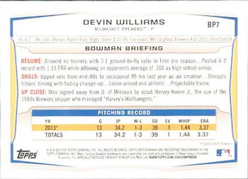 2014 Bowman - Prospects #BP7 Devin Williams Back