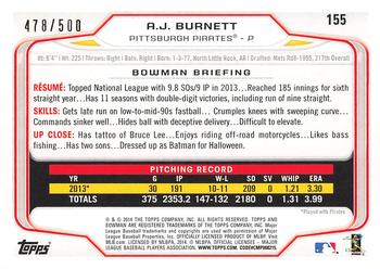 2014 Bowman - Blue #155 A.J. Burnett Back