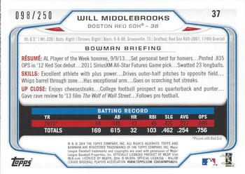 2014 Bowman - Orange #37 Will Middlebrooks Back