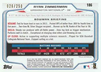 2014 Bowman - Orange #186 Ryan Zimmerman Back