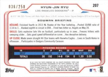 2014 Bowman - Orange #207 Hyun-Jin Ryu Back