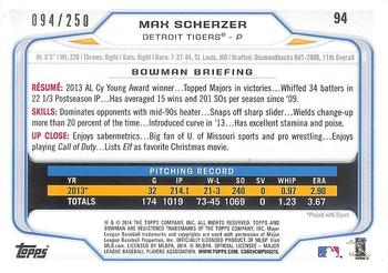 2014 Bowman - Orange #94 Max Scherzer Back