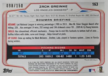 2014 Bowman - Green #163 Zack Greinke Back
