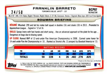 2014 Bowman - Chrome Prospects Gold Refractors #BCP87 Franklin Barreto Back