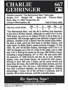 1992-93 Conlon TSN Gold Inserts #667 Charlie Gehringer Back