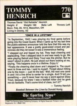 1992-93 Conlon TSN Gold Inserts #770 Tommy Henrich Back