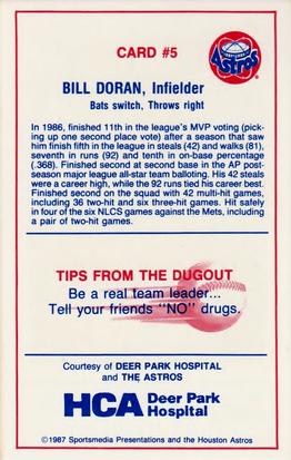 1987 Deer Park Hospital Houston Astros #5 Bill Doran Back