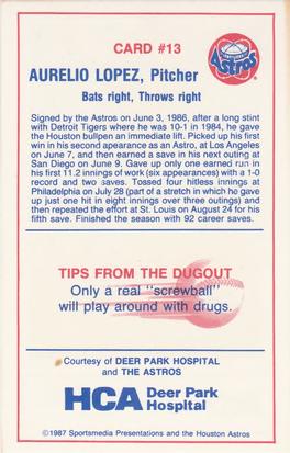 1987 Deer Park Hospital Houston Astros #13 Aurelio Lopez Back
