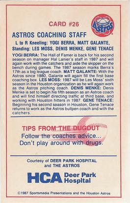 1987 Deer Park Hospital Houston Astros #26 Coaching Staff (Yogi Berra / Matt Galante / Denis Menke / Les Moss / Gene Tenace) Back