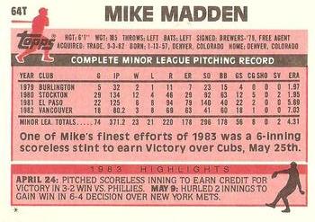 1983 Topps Traded #64T Mike Madden Back